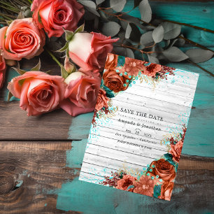 Rustisch landelijk Barn Coral en Blauwgroen Floral Save The Date