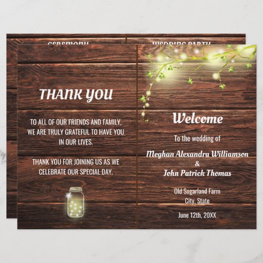 Rustisch landelijke Mason Jar Lights Wedding Progr (Voorkant / Achterkant)