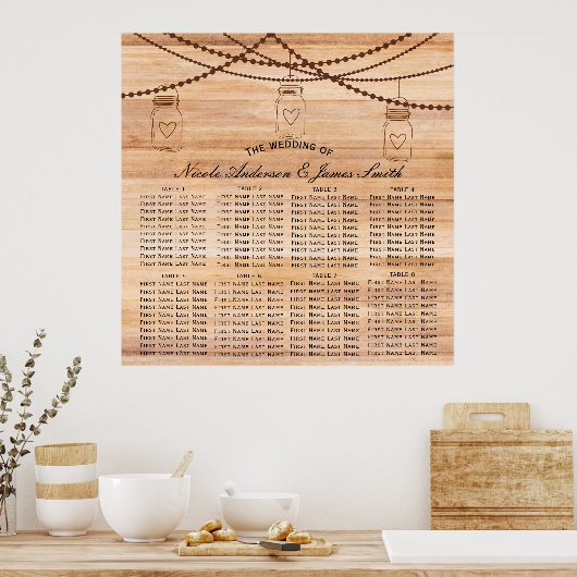 Rustisch landhout en Mason Jars Wedding Seating Poster (Keuken)