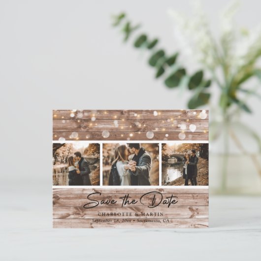 Rustisch landhout foto sparen de datum aankondigingskaart (Staand voorkant)