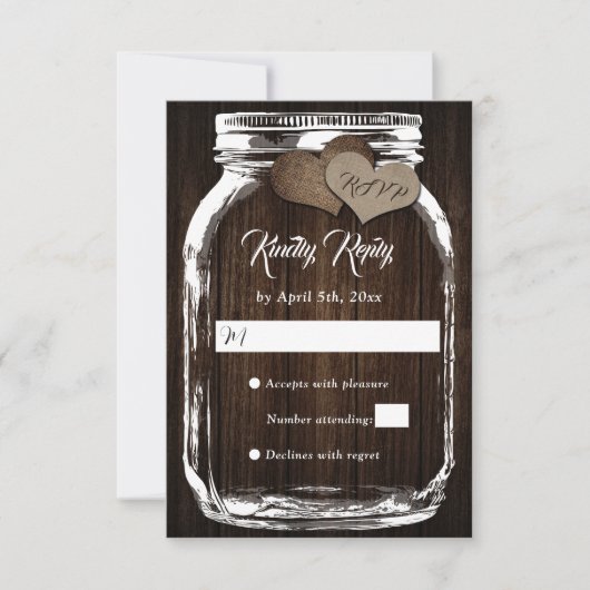 Rustisch landhout Harten Mason Jar Wedding RSVP (Voorkant)