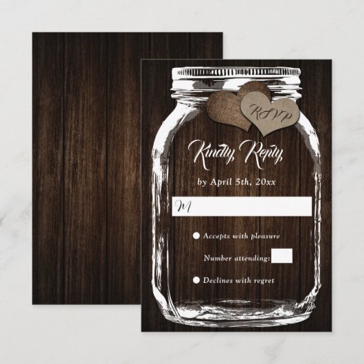 Rustisch landhout Harten Mason Jar Wedding RSVP Kaartje (Voorkant / Achterkant)
