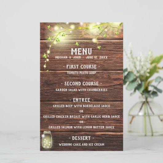 Rustisch landhouten Mason Jar Lights Wedding Menu (Staand voorkant)