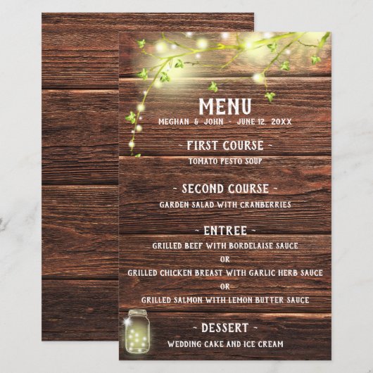 Rustisch landhouten Mason Jar Lights Wedding Menu (Voorkant / Achterkant)