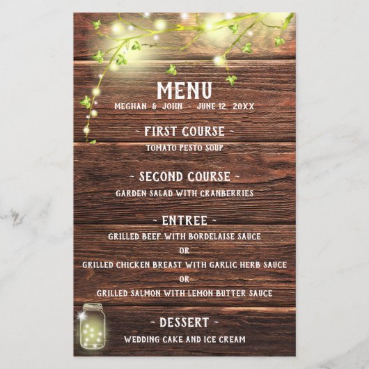 Rustisch landhouten Mason Jar Lights Wedding Menu (Voorkant)