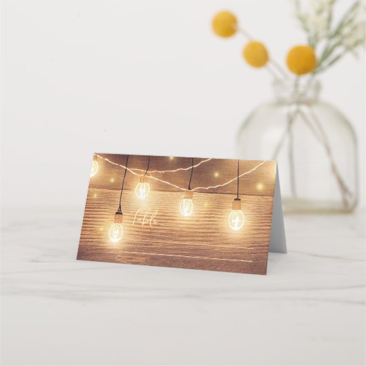 Rustisch landhoutwoord Lights Wedding Plaatskaartje (Voorkant)