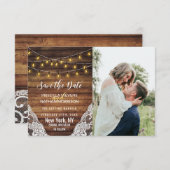 Rustisch landingstranche met lights Wood Lace Save The Date (Voorkant / Achterkant)