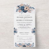 Rustisch landmarinesblauw en beige Floral Wedding All In One Uitnodiging (Binnen)