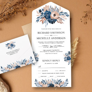 Rustisch landmarinesblauw en beige Floral Wedding All In One Uitnodiging