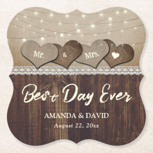 Rustisch landschap Wood Heart String Lights Weddin Kartonnen Onderzetters
