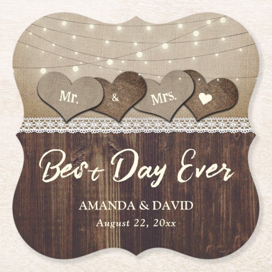 Rustisch landschap Wood Heart String Lights Weddin Kartonnen Onderzetters (Voorkant)