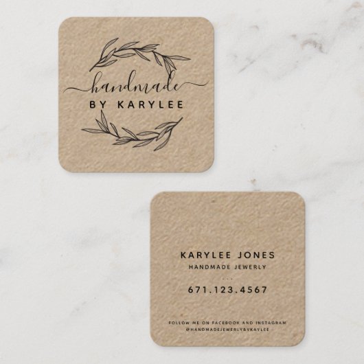 Rustisch Laurel Leaf Handmade Script Vierkante Visitekaartje (Voorkant / Achterkant)