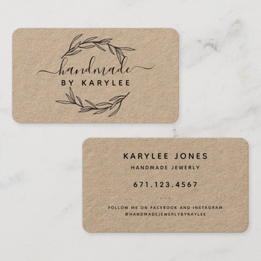 Rustisch Laurel Leaf Handmade Script Visitekaartje (Voorkant / Achterkant)
