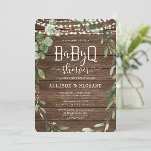 Rustisch licht groen hout BBQ baby shower Kaart (Staand voorkant)