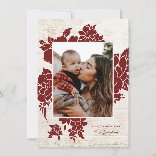 Rustisch licht hout | Foto van Red Floral Feestdagenkaart (Voorkant)