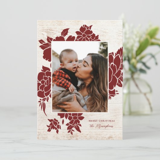 Rustisch licht hout | Foto van Red Floral Feestdagenkaart (Staand voorkant)