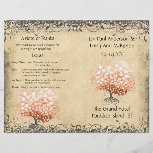 Rustisch Light Coral Heart Leaf Tree Wedding Progr (Voorkant)