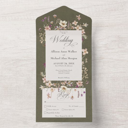 Rustisch Lijst met groene wilde bloem All In One Uitnodiging (Binnen)