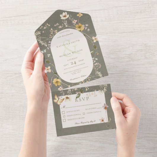 Rustisch Lijst met groene wilde bloem All In One Uitnodiging (Afscheurbaar)