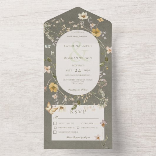 Rustisch Lijst met groene wilde bloem All In One Uitnodiging (Binnen)