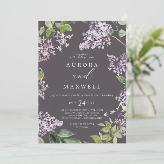 Rustisch Lila | Grijze uitnodiging tot Casual huwe (Staand voorkant)