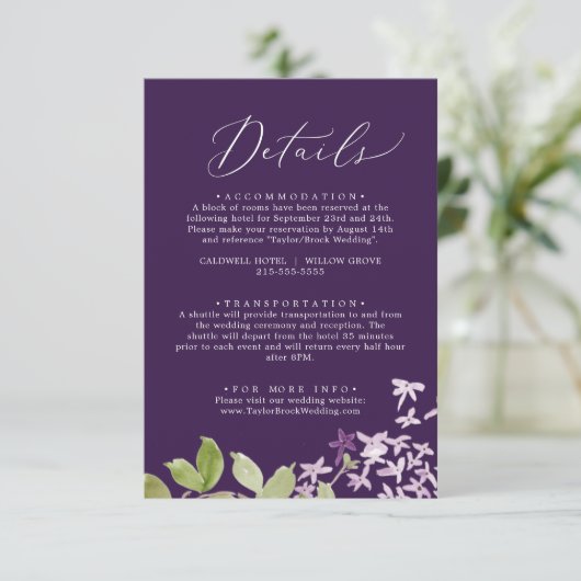 Rustisch Lila | Paarse huwelijksgegevens Informatiekaartje (Staand voorkant)