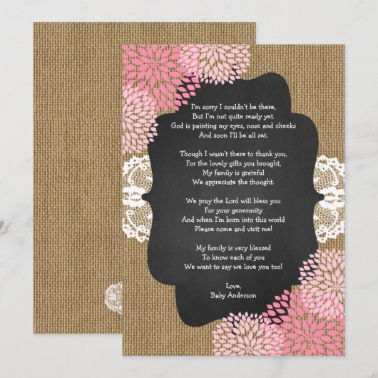 Rustisch meisje baby shower bedankt je opmerking m kaart (Voorkant / Achterkant)