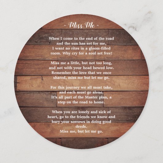 Rustisch Memorial Poem Funeral Prayer Kaart (Achterkant)