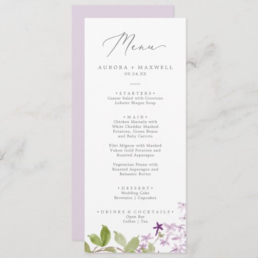Rustisch menu Lila bruiloft (Voorkant / Achterkant)