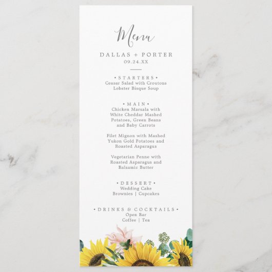 Rustisch menu Zonnebloem Eucalyptus Weddenschap (Voorkant)