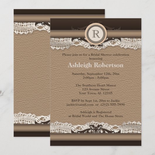 Rustisch Monogram Burlap- en Lace-Vrijgezellenfees Kaart (Voorkant / Achterkant)