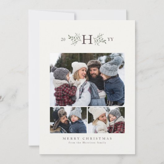 Rustisch monogram, drie foto feestdagenkaart (Voorkant)