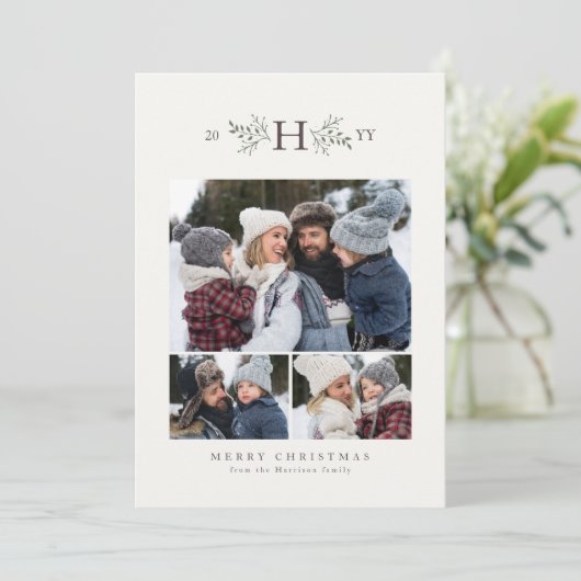 Rustisch monogram, drie foto feestdagenkaart (Staand voorkant)