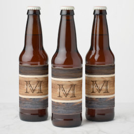Rustisch monogram met houttoon bier etiket