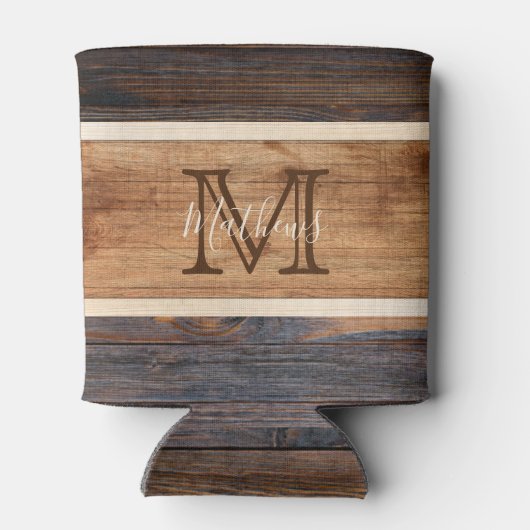 Rustisch monogram met houttoon blikjeskoeler (Achterkant)
