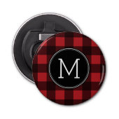 Rustisch monogram rood en zwart buffel patroonmono button flesopener (Voorkant)