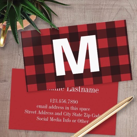 Rustisch monogram rood en zwart buffel patroonmono contactkaartje