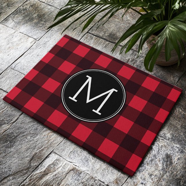 Rustisch monogram rood en zwart buffel patroonmono deurmat (Custom Welcome Mat)