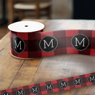 Rustisch monogram rood en zwart buffel patroonmono grosgrain lint