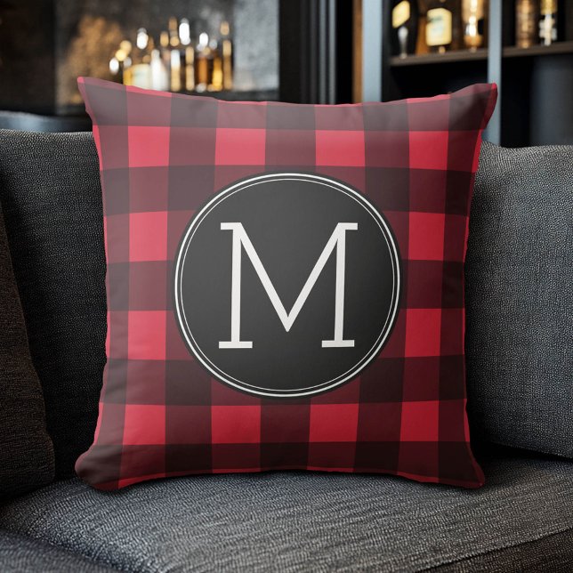 Rustisch monogram rood en zwart buffel patroonmono kussen (Custom Monogram Pillow)