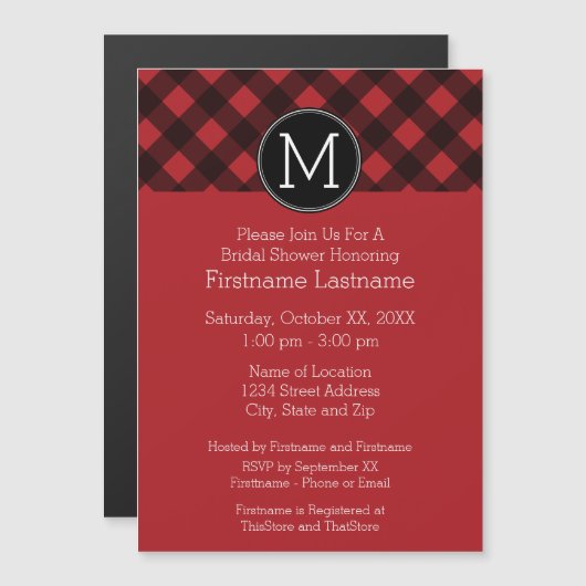 Rustisch monogram rood en zwart buffel patroonmono magnetische uitnodiging (Voorkant / Achterkant)