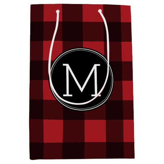 Rustisch monogram rood en zwart buffel patroonmono medium cadeauzakje (Voorkant)