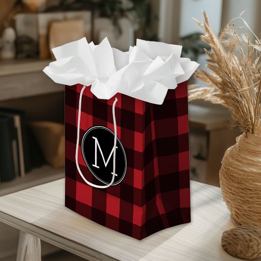 Rustisch monogram rood en zwart buffel patroonmono medium cadeauzakje