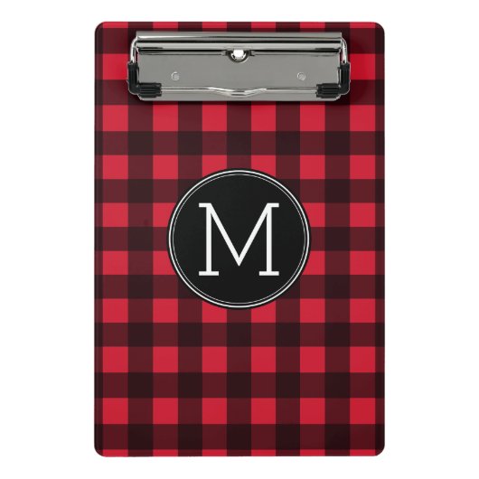 Rustisch monogram rood en zwart buffel patroonmono mini klembord (Voorkant)