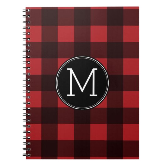 Rustisch monogram rood en zwart buffel patroonmono notitieboek (Voorkant)