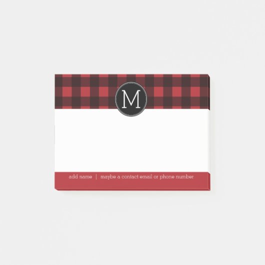Rustisch monogram rood en zwart buffel patroonmono post-it® notes (Voorkant)