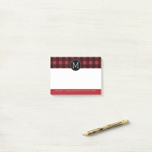 Rustisch monogram rood en zwart buffel patroonmono post-it® notes (Op bureau)