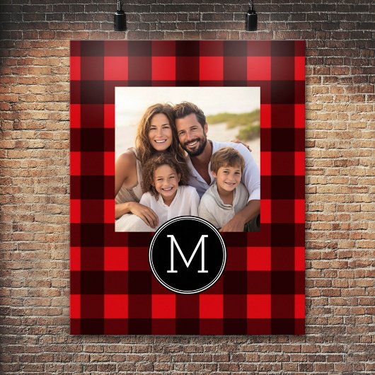 Rustisch monogram rood en zwart buffel patroonmono poster