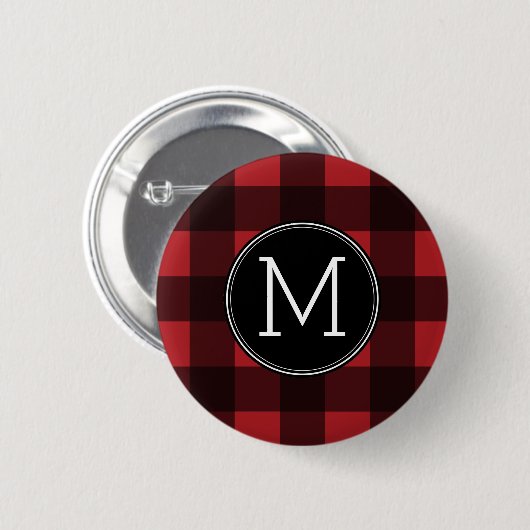 Rustisch monogram rood en zwart buffel patroonmono ronde button 5,7 cm (Voorkant /achterkant)