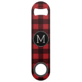 Rustisch monogram rood en zwart buffel patroonmono speed flessenopener (Achterkant)